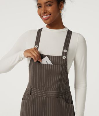 Square Neck Straight Leg Stripe Casual Overall with Pockets
