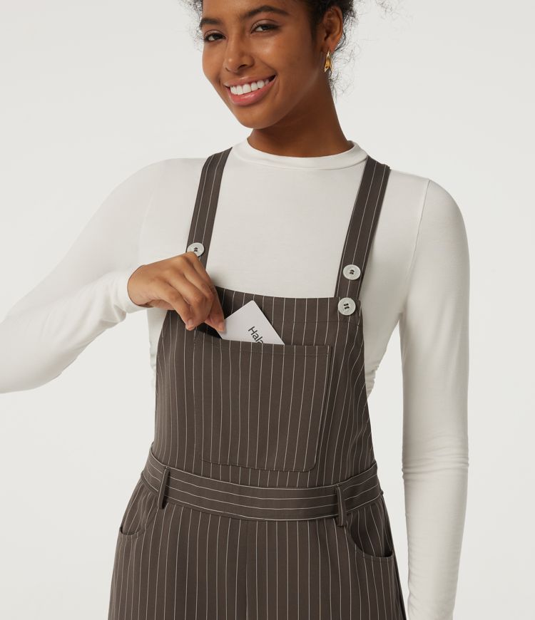 Square Neck Straight Leg Stripe Casual Overall with Pockets