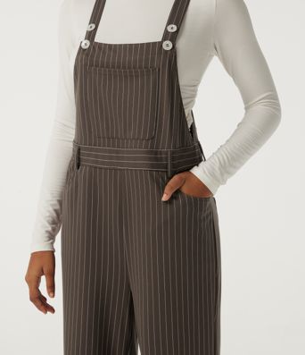 Square Neck Straight Leg Stripe Casual Overall with Pockets