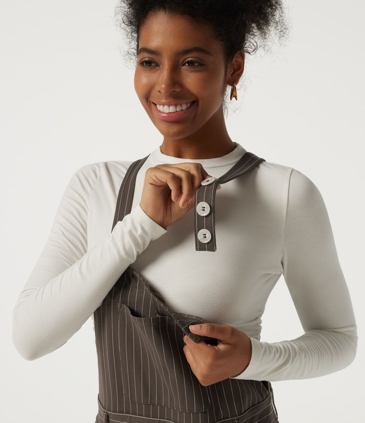 Square Neck Straight Leg Stripe Casual Overall with Pockets