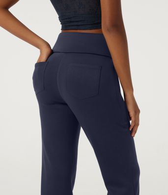 High Waisted Foldover Bootcut Casual Pants with Pockets