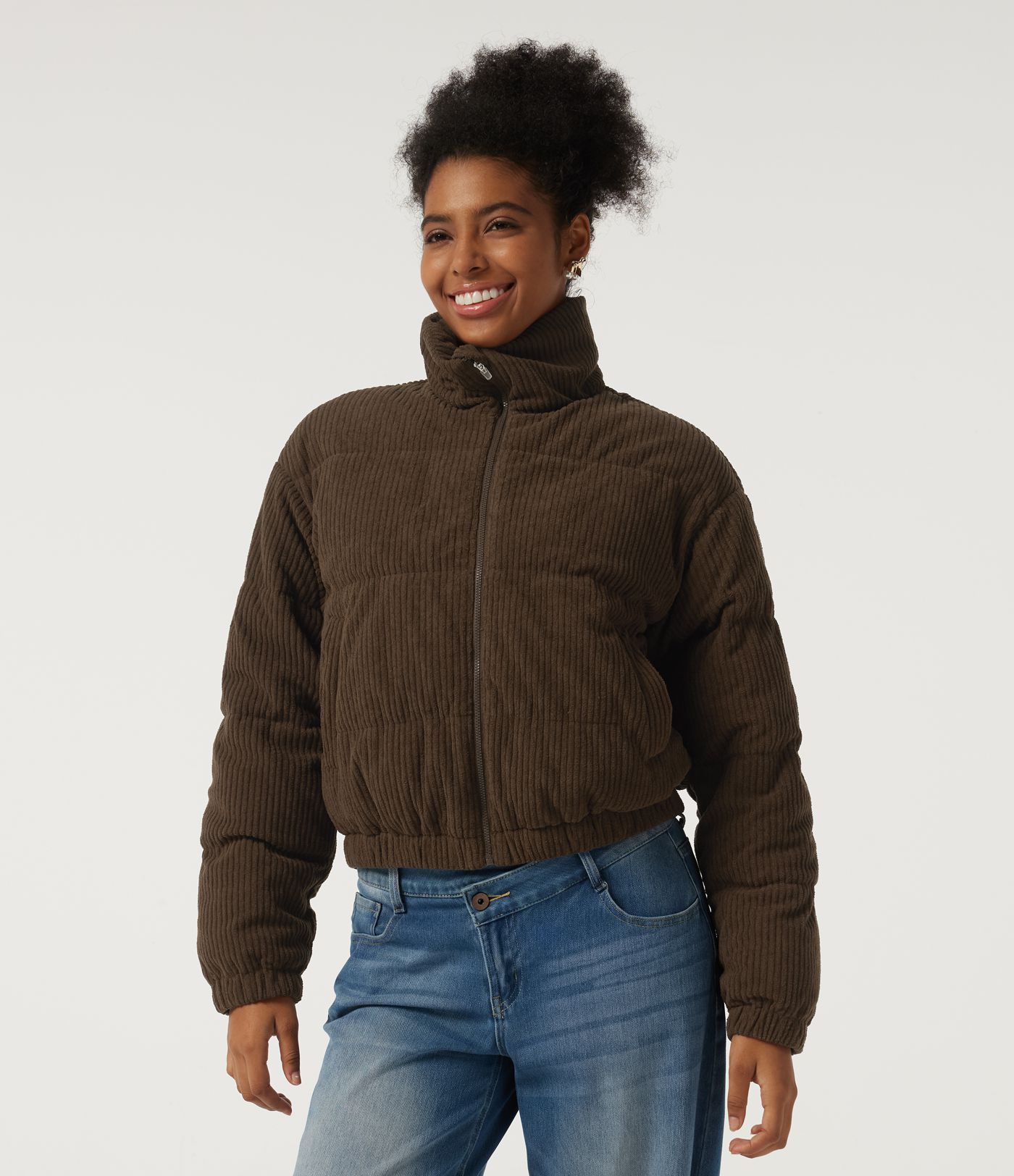 Stand Collar Corduroy Casual Puffer Jacket with Pockets Stand Collar Corduroy Casual Puffer Jacket with Pockets