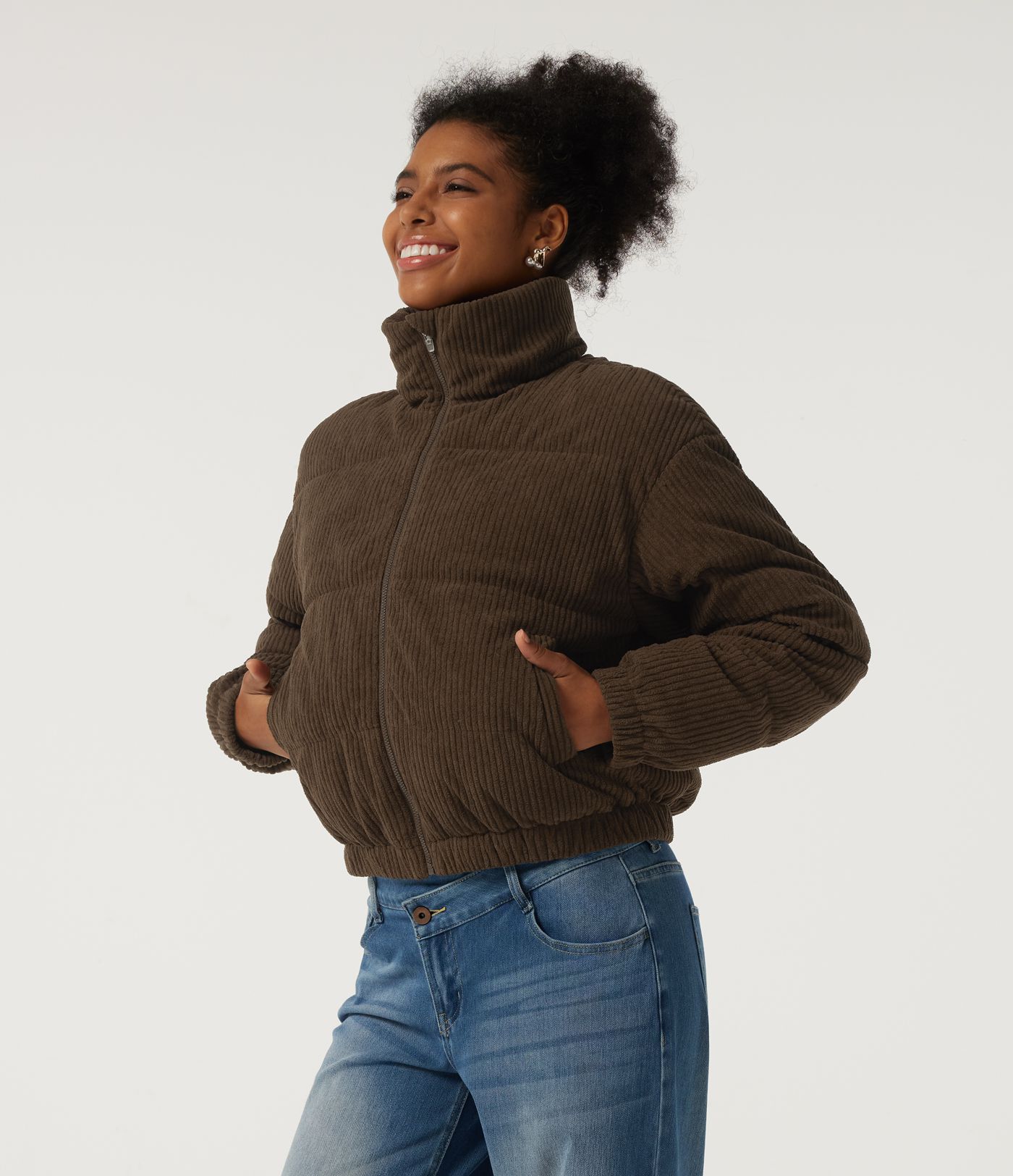 Stand Collar Corduroy Casual Puffer Jacket with Pockets Stand Collar Corduroy Casual Puffer Jacket with Pockets