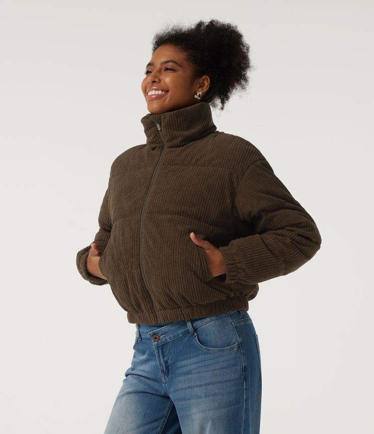 Stand Collar Corduroy Casual Puffer Jacket with Pockets Stand Collar Corduroy Casual Puffer Jacket with Pockets