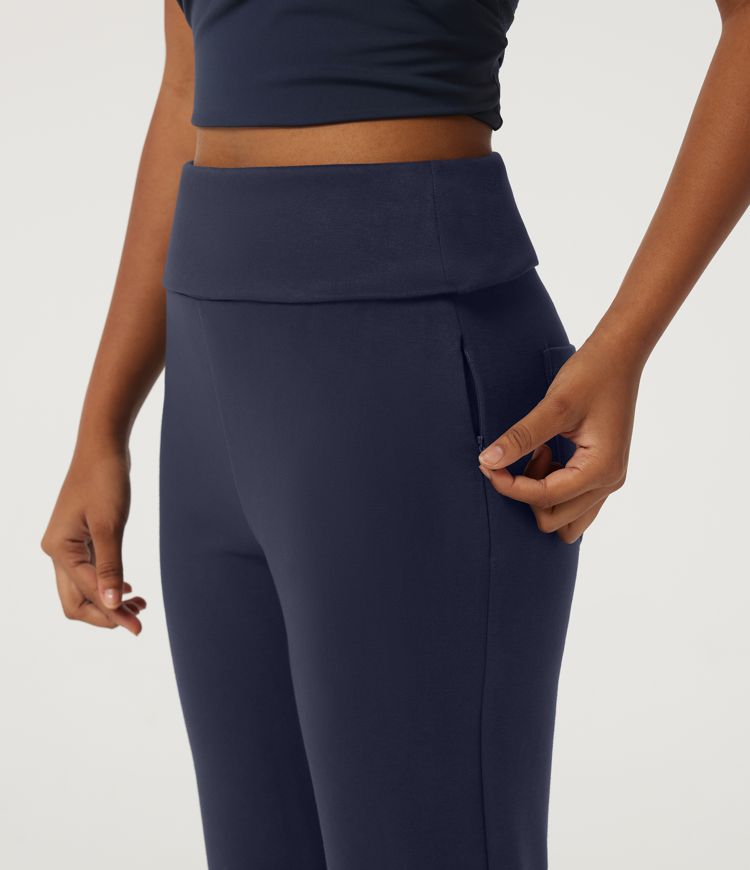 High Waisted Foldover Bootcut Casual Pants with Pockets