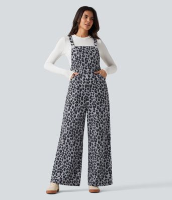 Leopard Print Waffle Casual Overalls with Pockets
