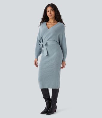 Crossover V Neck Batwing Long Sleeve Belted Midi Casual Sweater Dress