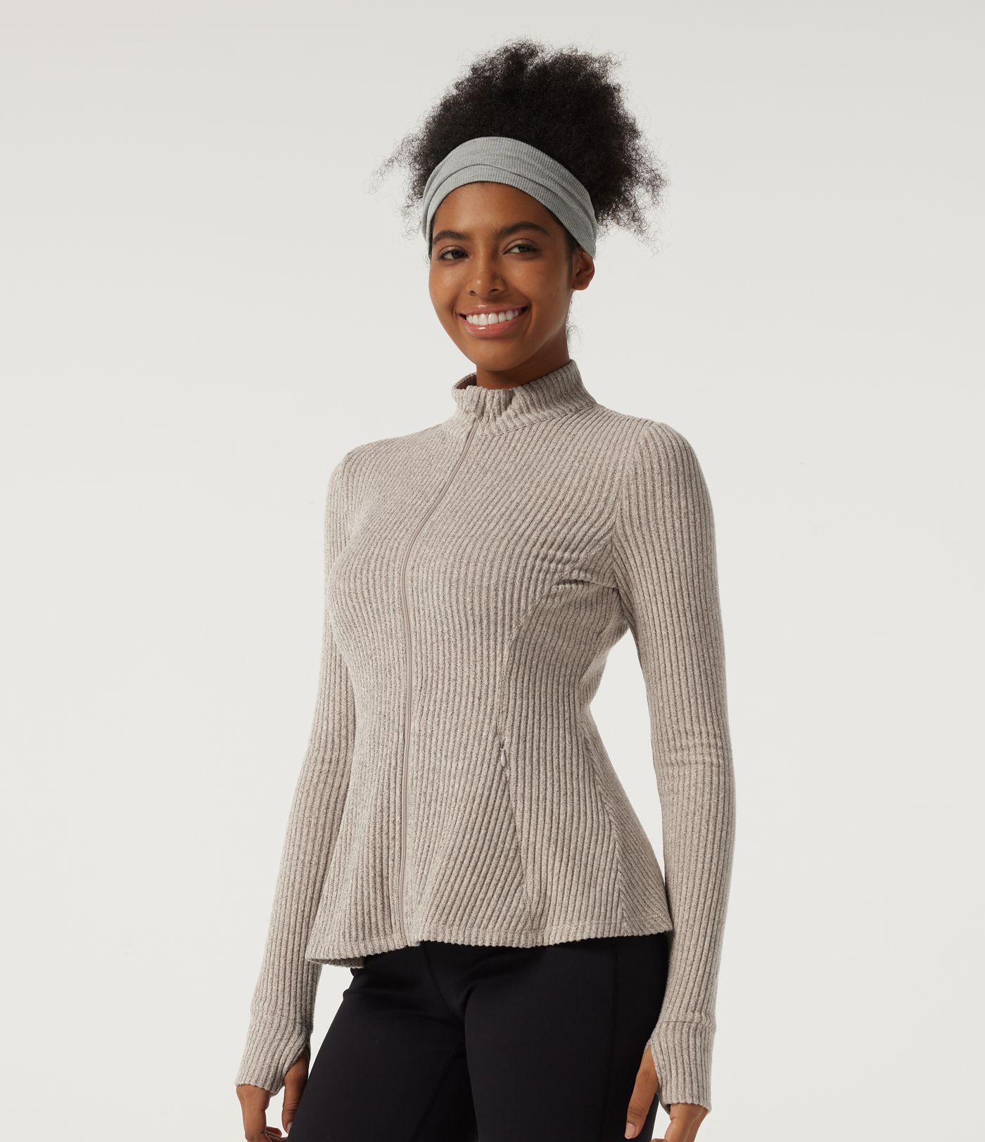 Ribbed Knit Mock Neck Long Sleeve Yoga Track Jacket with Pockets Ribbed Knit Mock Neck Long Sleeve Yoga Track Jacket with Pockets