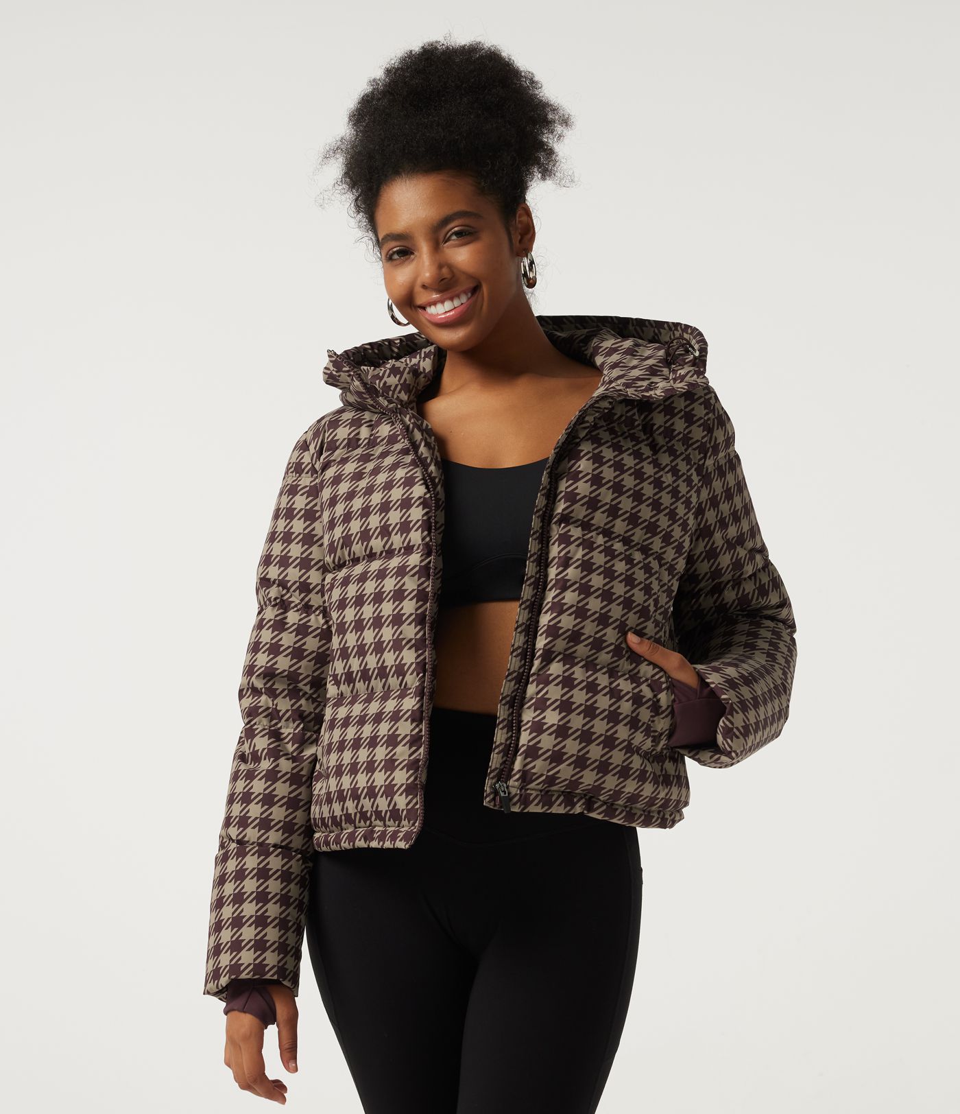 Removable Hood Long Sleeve Quilted Print Casual Down Jacket with Pockets