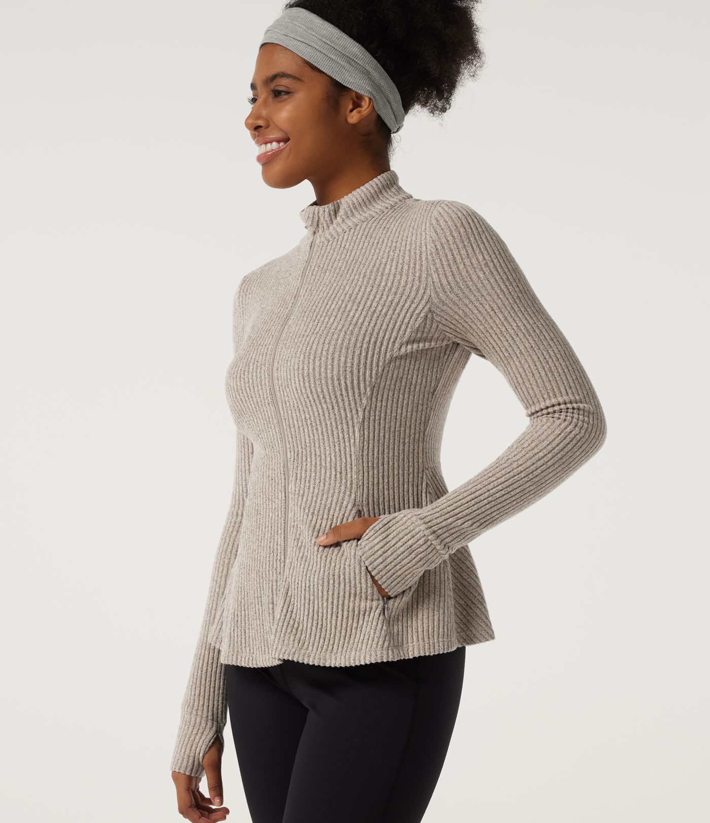 Ribbed Knit Mock Neck Long Sleeve Yoga Track Jacket with Pockets Ribbed Knit Mock Neck Long Sleeve Yoga Track Jacket with Pockets