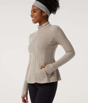Ribbed Knit Mock Neck Long Sleeve Yoga Track Jacket with Pockets Ribbed Knit Mock Neck Long Sleeve Yoga Track Jacket with Pockets