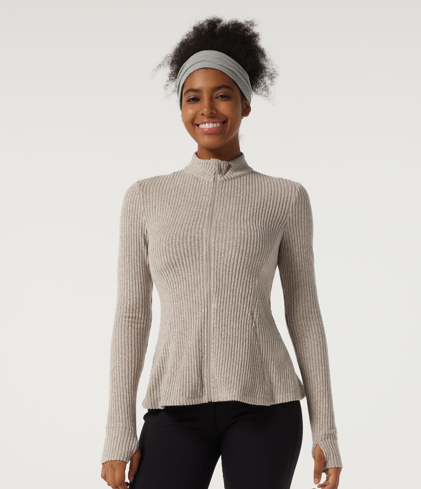 Ribbed Knit Mock Neck Long Sleeve Yoga Track Jacket with Pockets Ribbed Knit Mock Neck Long Sleeve Yoga Track Jacket with Pockets