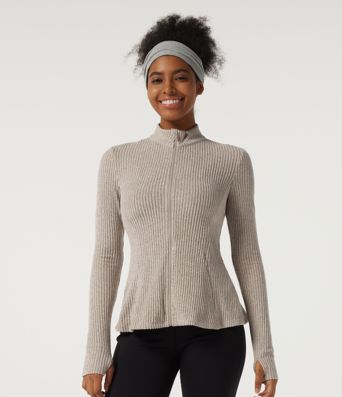 Ribbed Knit Mock Neck Long Sleeve Yoga Track Jacket with Pockets Ribbed Knit Mock Neck Long Sleeve Yoga Track Jacket with Pockets