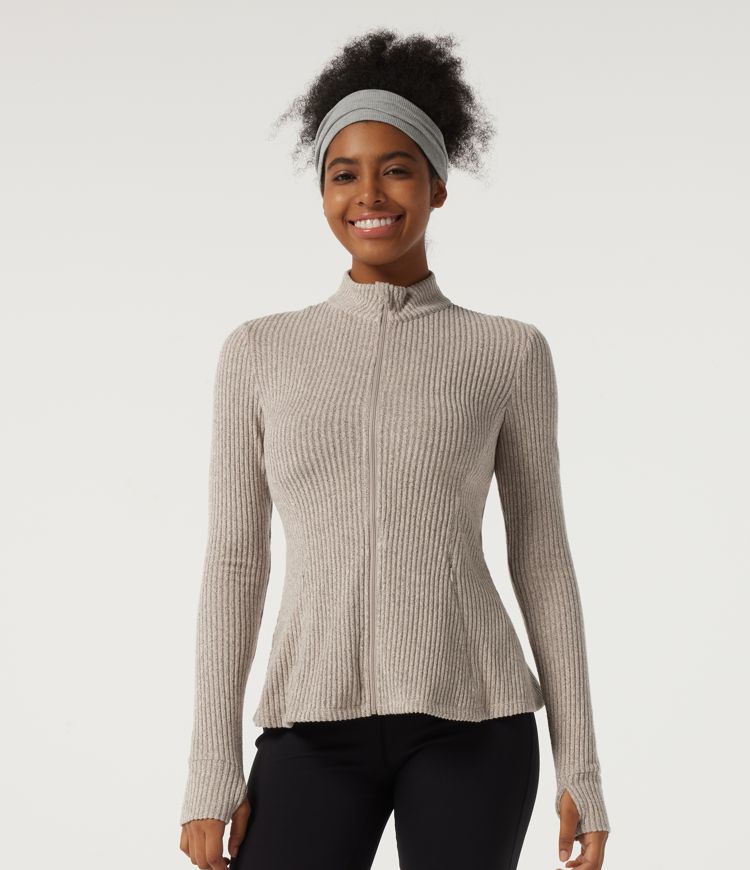 Ribbed Knit Mock Neck Long Sleeve Yoga Track Jacket with Pockets Ribbed Knit Mock Neck Long Sleeve Yoga Track Jacket with Pockets