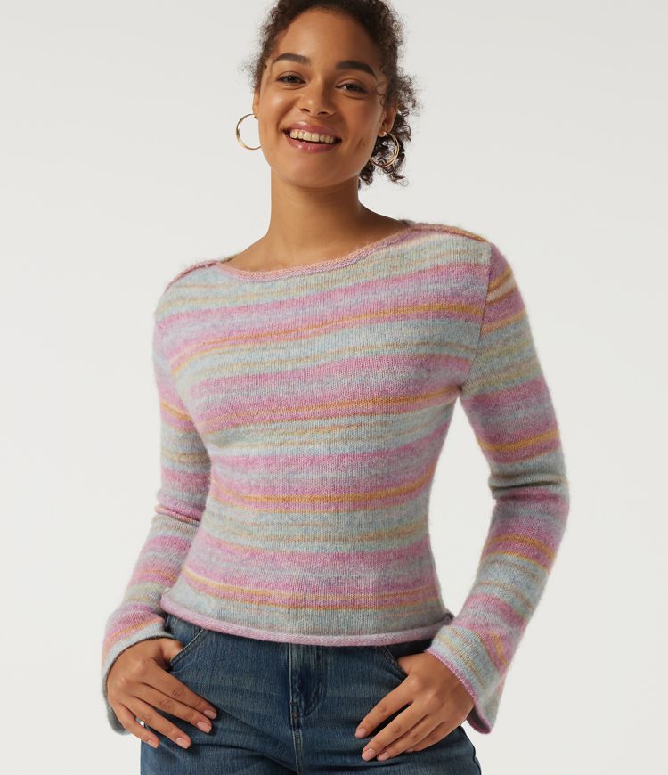 Boat Neck Bell Long Sleeve Gradient Stripe Oversized Casual Jumper