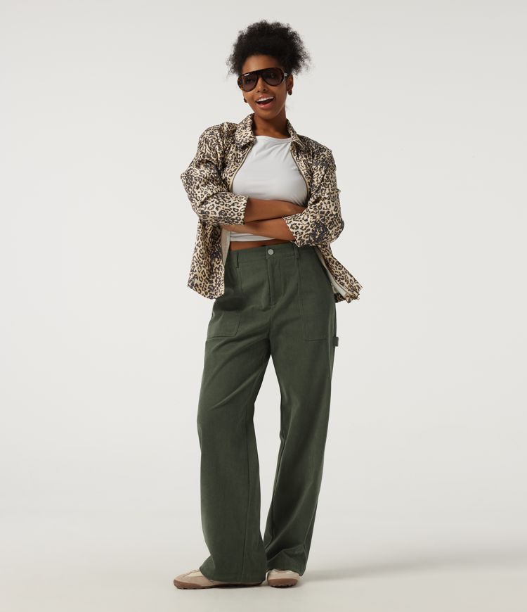 Mid Rise Wide Leg Corduroy Casual Pants with Pockets Mid Rise Wide Leg Corduroy Casual Pants with Pockets