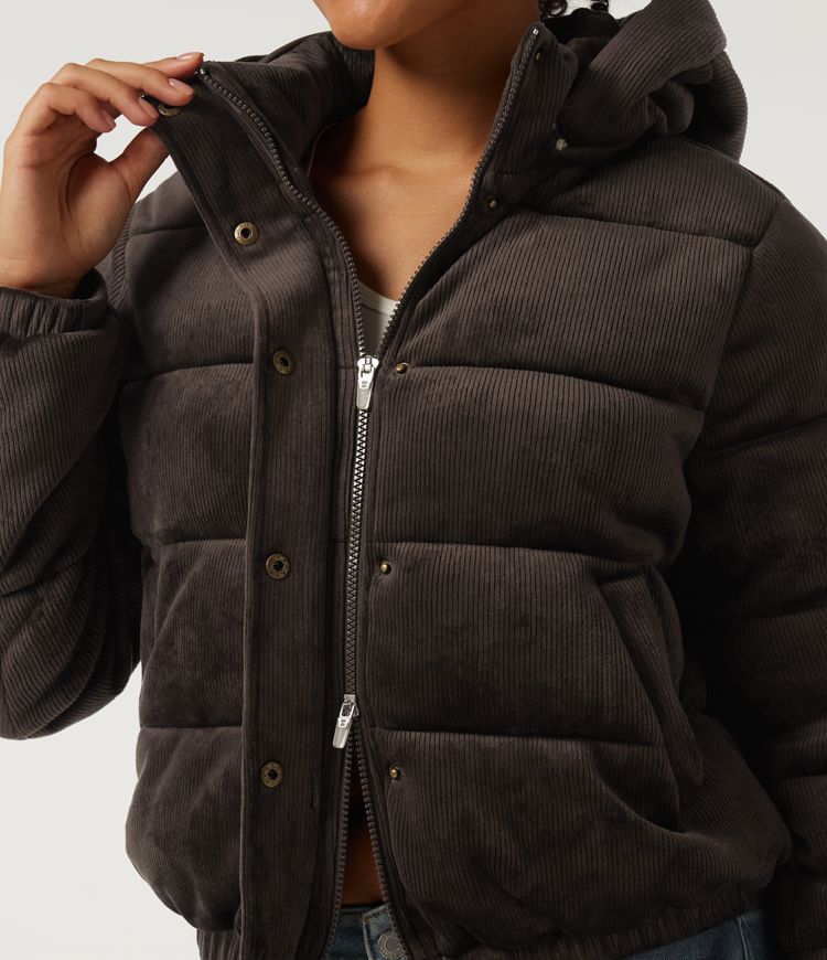 Ribbed Knit Removable Hood Long Sleeve Fleece Casual Padded Jacket with Pockets Ribbed Knit Removable Hood Long Sleeve Fleece Casual Padded Jacket with Pockets