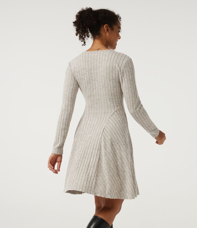 Warm Grey Floral Velvet Ribbed Knit V Neck Long Sleeve Flare Mini Casual Dress with Pockets-Longer Length / 2