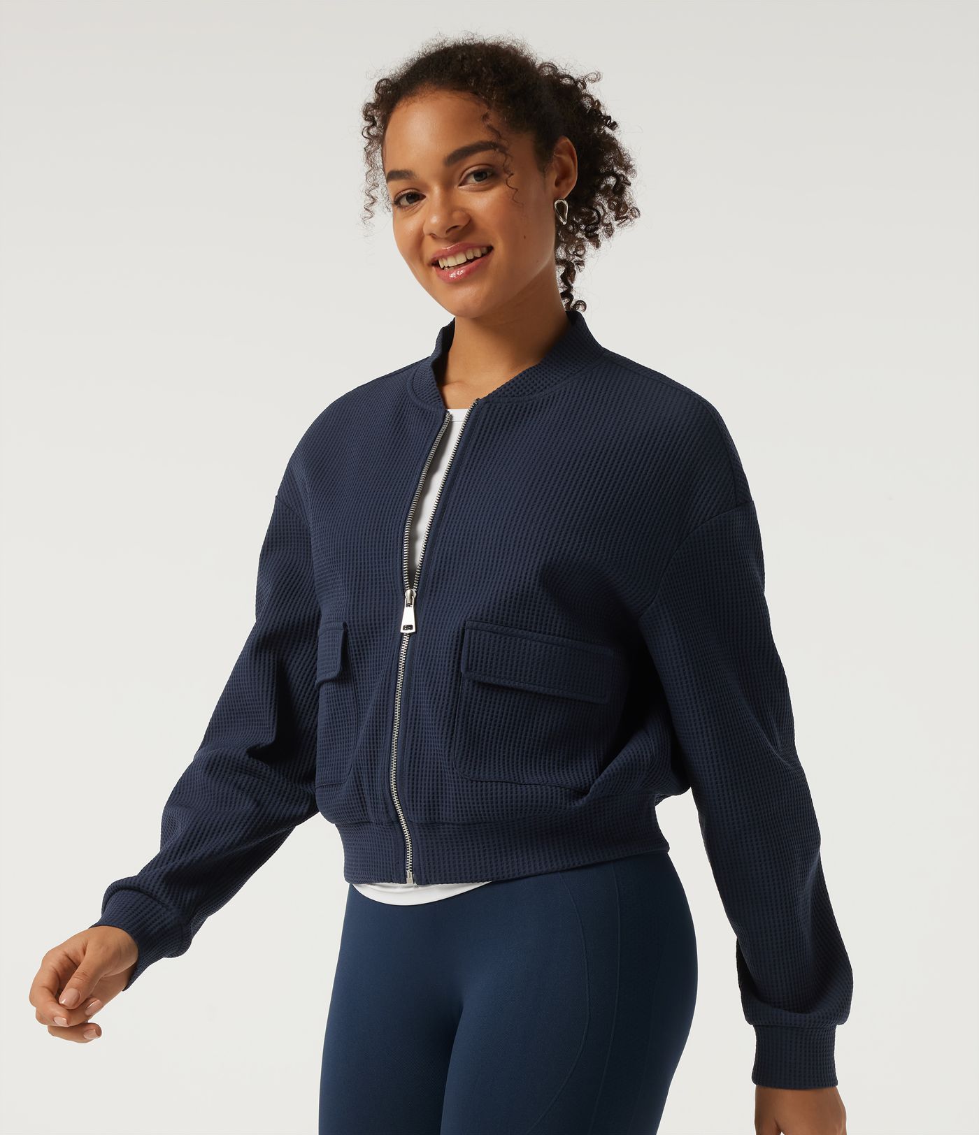 Stand Collar Long Sleeve Waffle Casual Jacket with Pockets Stand Collar Long Sleeve Waffle Casual Jacket with Pockets