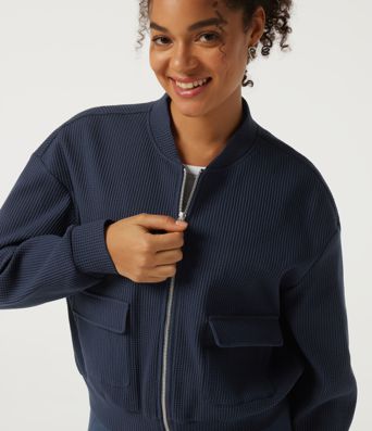 Stand Collar Long Sleeve Waffle Casual Jacket with Pockets Stand Collar Long Sleeve Waffle Casual Jacket with Pockets
