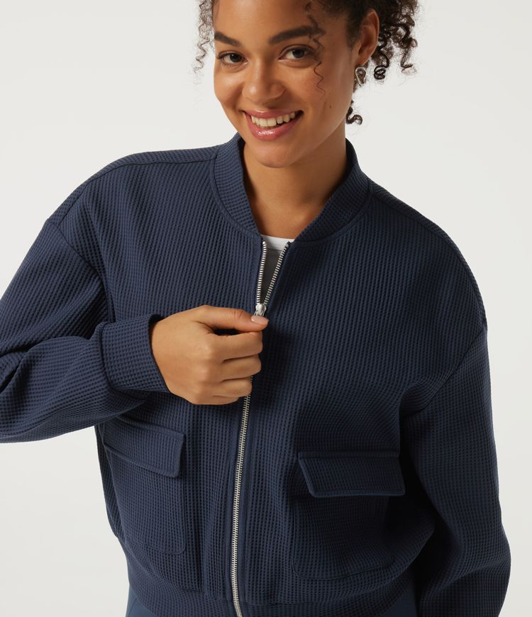 Stand Collar Long Sleeve Waffle Casual Jacket with Pockets Stand Collar Long Sleeve Waffle Casual Jacket with Pockets