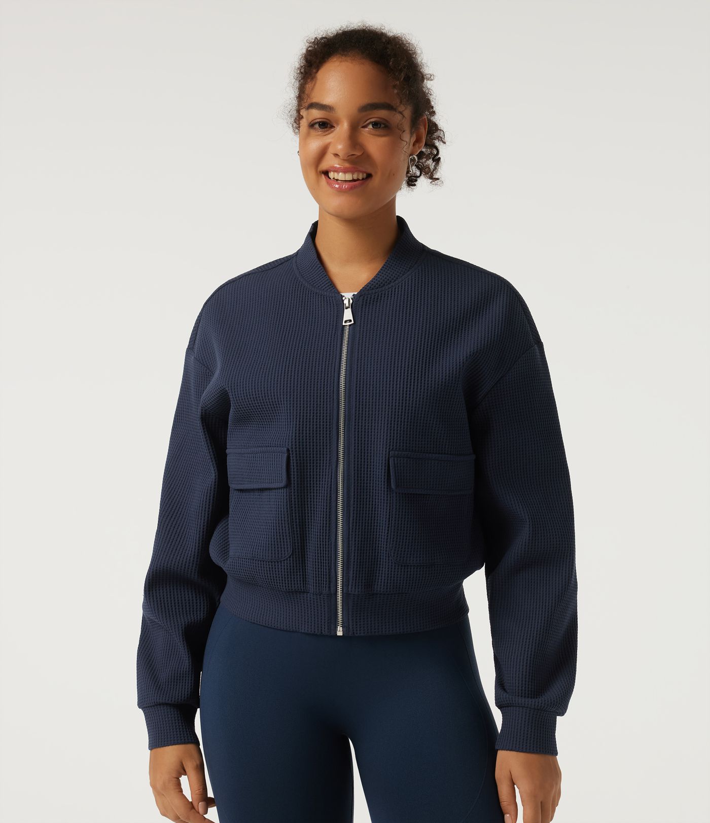 Stand Collar Long Sleeve Waffle Casual Jacket with Pockets Stand Collar Long Sleeve Waffle Casual Jacket with Pockets