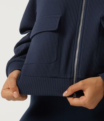 Stand Collar Long Sleeve Waffle Casual Jacket with Pockets Stand Collar Long Sleeve Waffle Casual Jacket with Pockets
