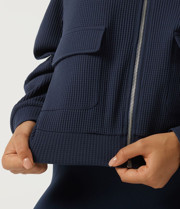 Stand Collar Long Sleeve Waffle Casual Jacket with Pockets Stand Collar Long Sleeve Waffle Casual Jacket with Pockets