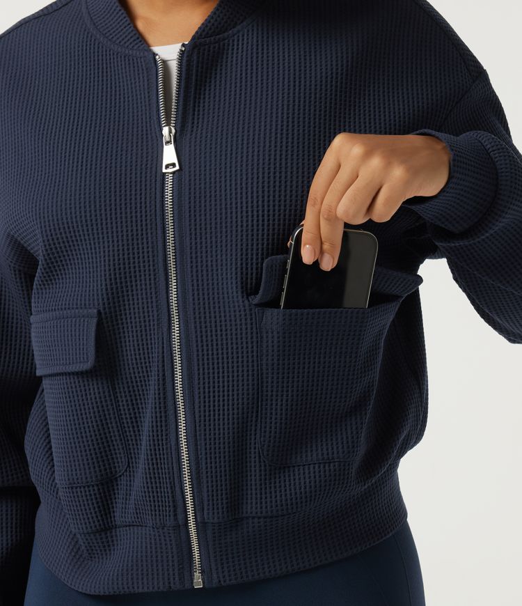Stand Collar Long Sleeve Waffle Casual Jacket with Pockets Stand Collar Long Sleeve Waffle Casual Jacket with Pockets