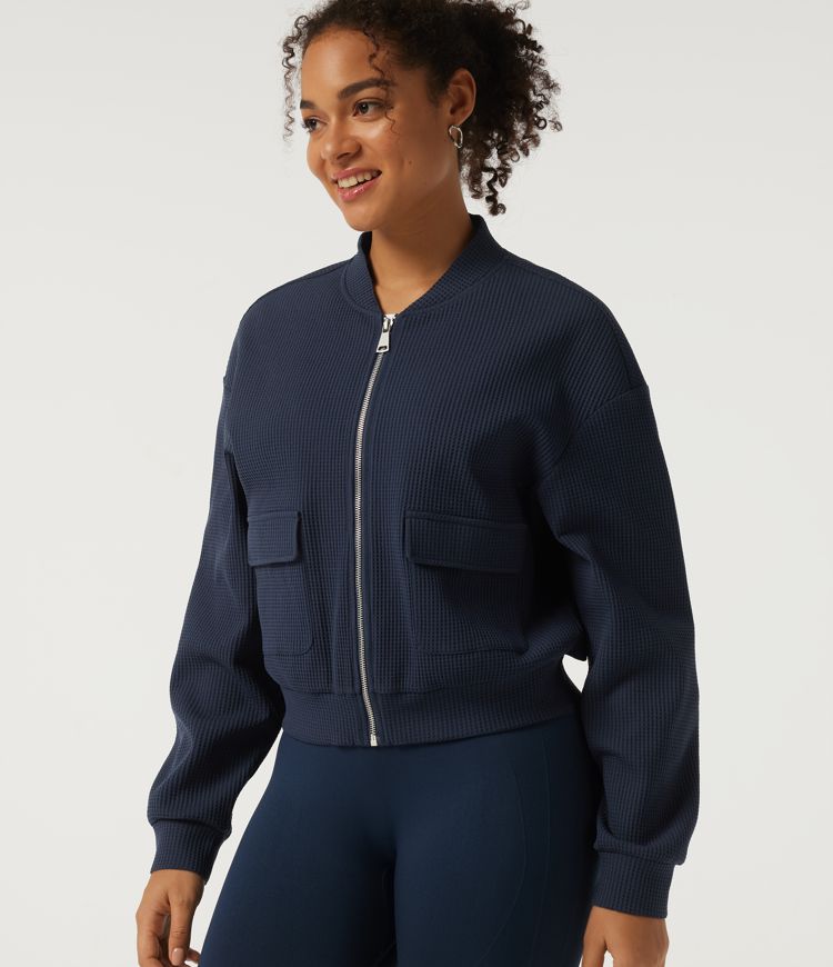 Stand Collar Long Sleeve Waffle Casual Jacket with Pockets Stand Collar Long Sleeve Waffle Casual Jacket with Pockets