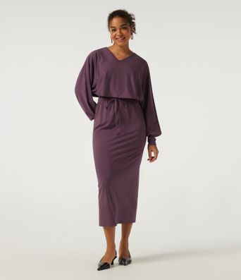 V-Neck Drawstring Batwing Long Sleeve 2-in-1 Casual Midi Dress V-Neck Drawstring Batwing Long Sleeve 2-in-1 Casual Midi Dress