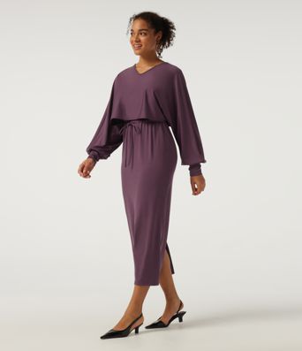 V-Neck Drawstring Batwing Long Sleeve 2-in-1 Casual Midi Dress V-Neck Drawstring Batwing Long Sleeve 2-in-1 Casual Midi Dress