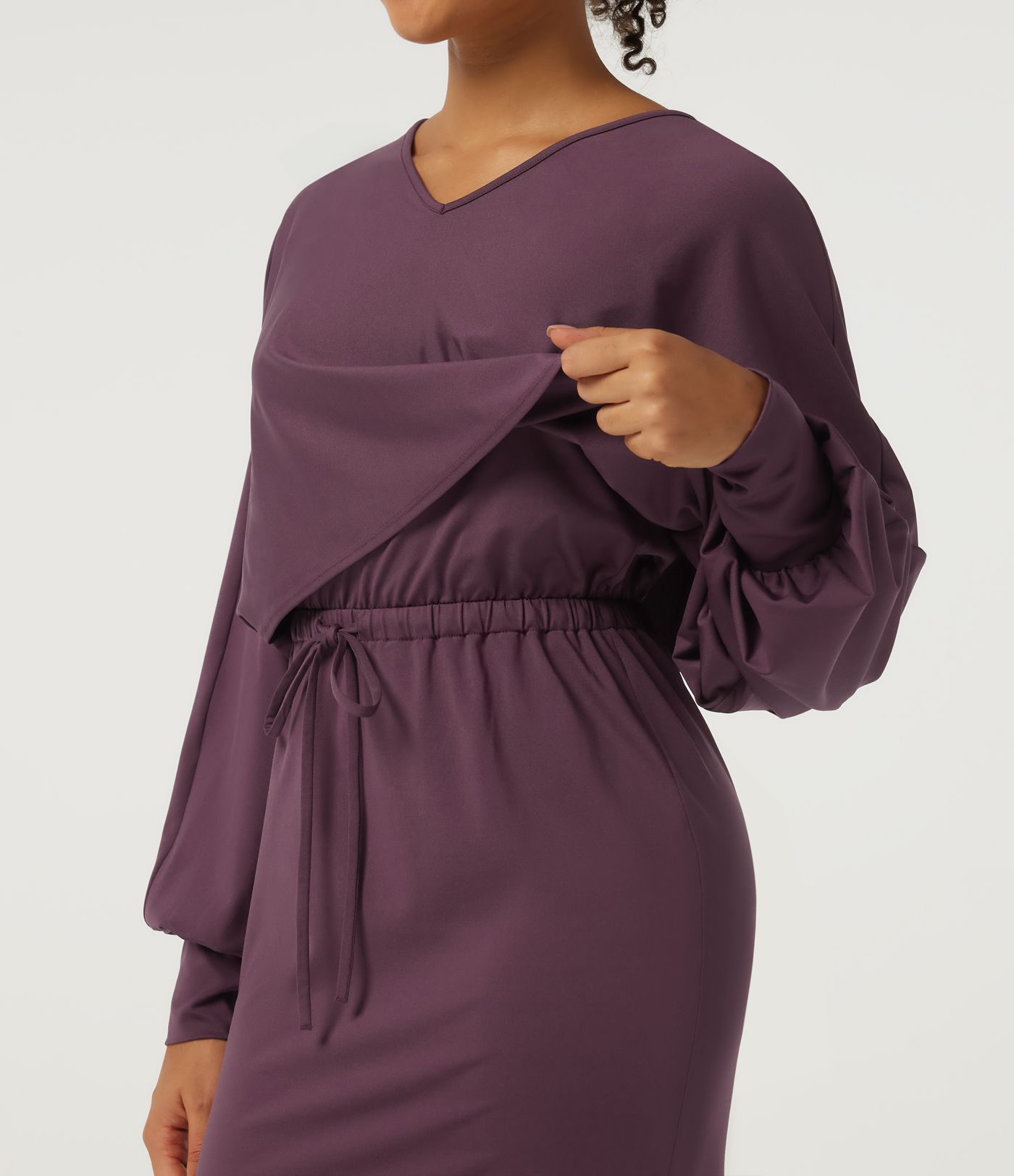 V-Neck Drawstring Batwing Long Sleeve 2-in-1 Casual Midi Dress V-Neck Drawstring Batwing Long Sleeve 2-in-1 Casual Midi Dress