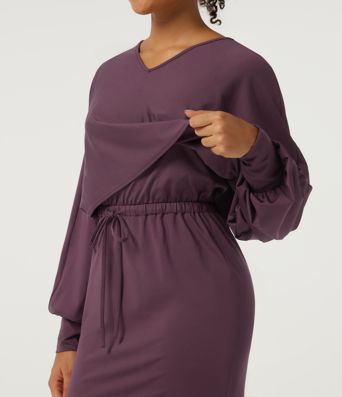 V-Neck Drawstring Batwing Long Sleeve 2-in-1 Casual Midi Dress V-Neck Drawstring Batwing Long Sleeve 2-in-1 Casual Midi Dress