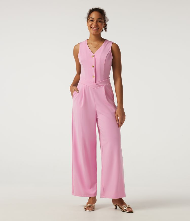 Prism Pink V Neck Sleeveless Wide Leg Work Jumpsuit with Pockets - Easy Peezy Edition / 1