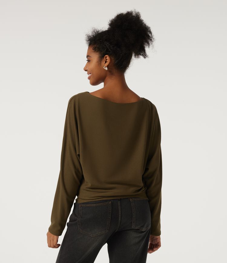 Boat Neck Batwing Long Sleeve Thermal Casual Top