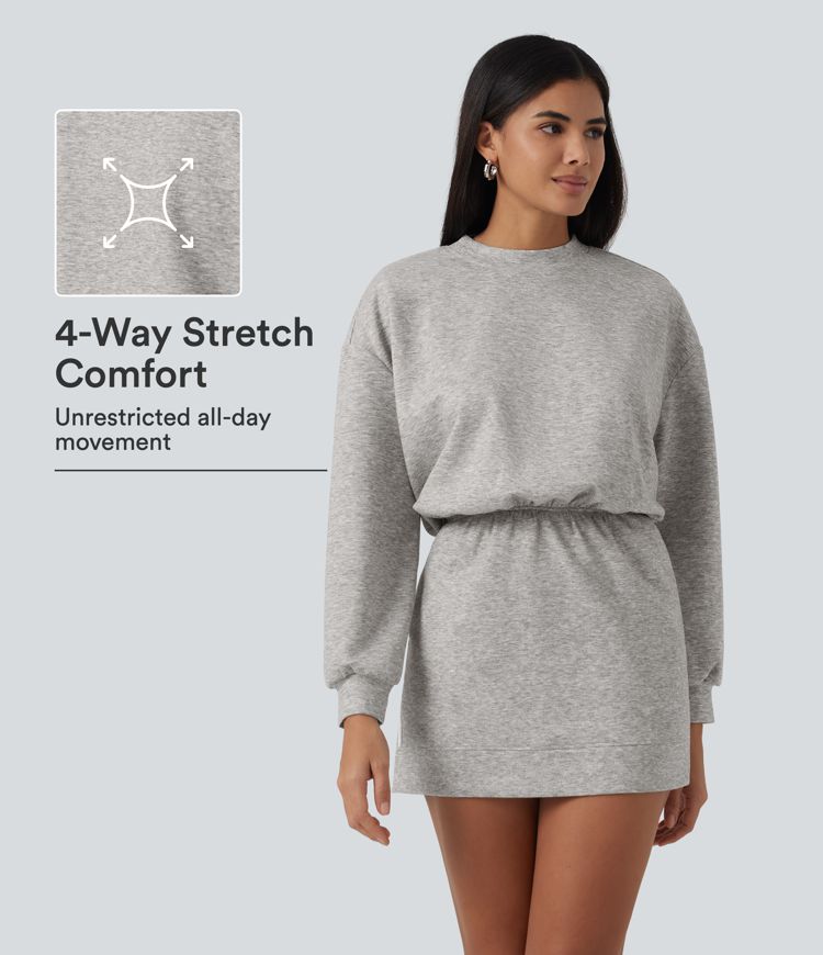 Round Neck Dropped Casual Sweatshirt Mini Dress with Pockets