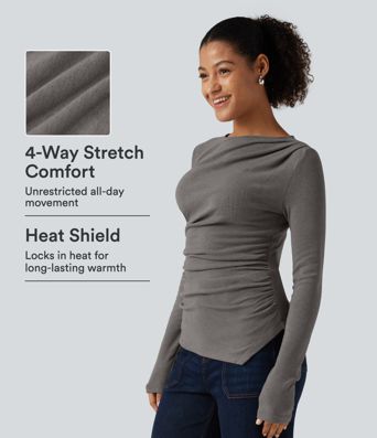 Boat Neck Long Sleeve Ruched Asymmetric Hem Thermal Casual Top Boat Neck Long Sleeve Ruched Asymmetric Hem Thermal Casual Top