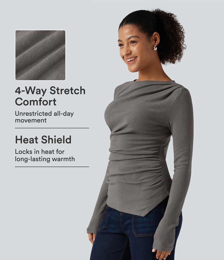 Boat Neck Long Sleeve Ruched Asymmetric Hem Thermal Casual Top Boat Neck Long Sleeve Ruched Asymmetric Hem Thermal Casual Top
