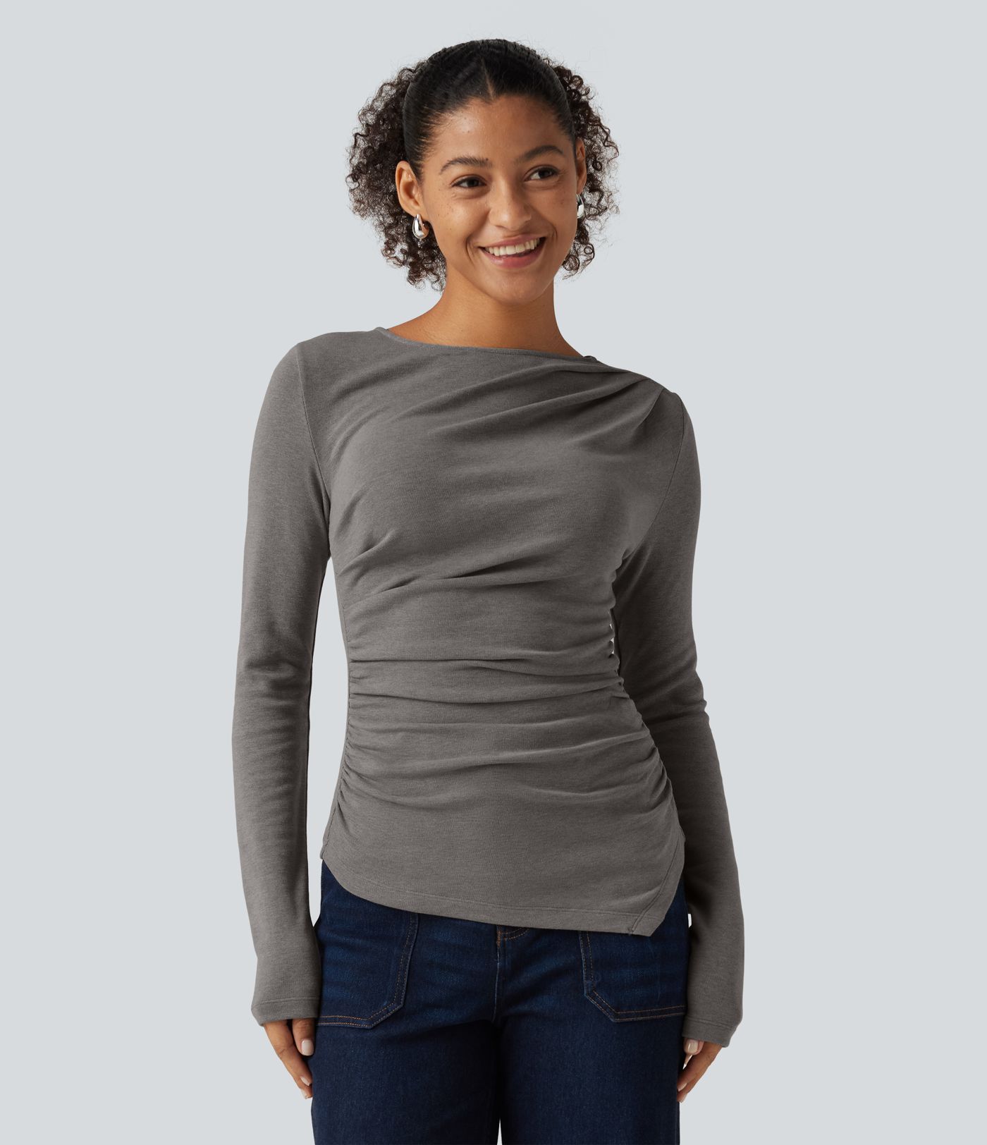 Boat Neck Long Sleeve Ruched Asymmetric Hem Thermal Casual Top Boat Neck Long Sleeve Ruched Asymmetric Hem Thermal Casual Top