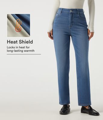 Jean décontracté en coton, molletonné, à taille haute, coupe droite, avec poches
