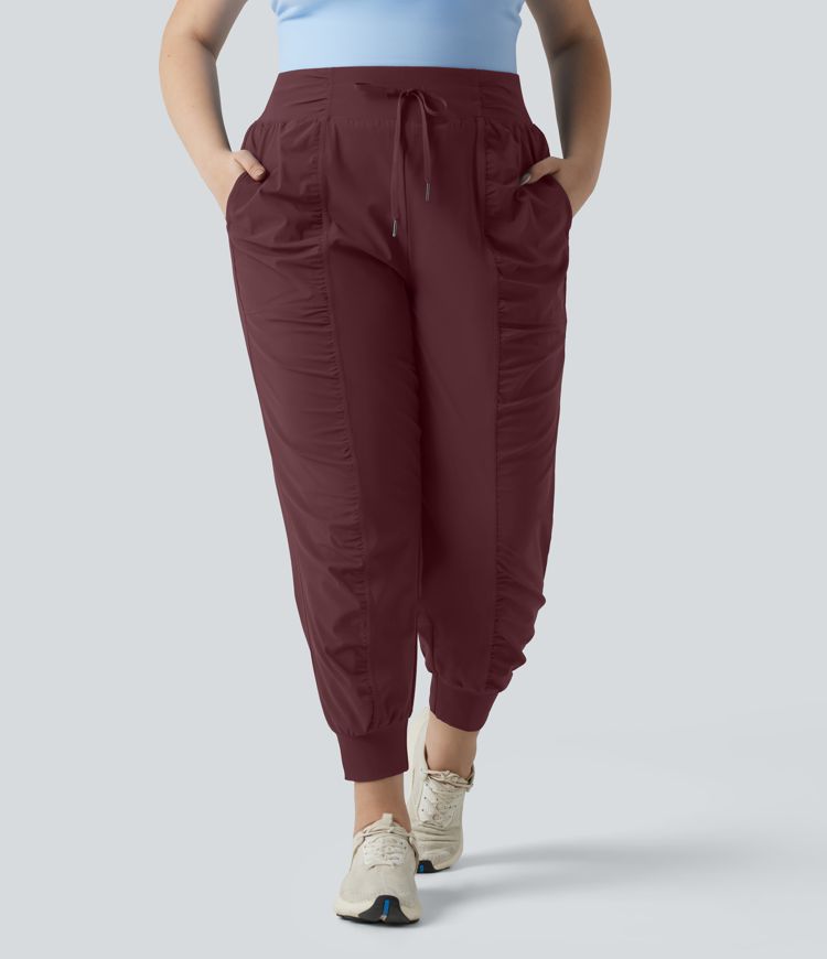 Plus Size High Waisted Drawstring Ruched Tapered Quick Dry Cool Touch Dance Joggers with Pockets-UPF40+
