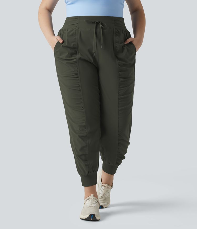 Plus Size High Waisted Drawstring Ruched Tapered Quick Dry Cool Touch Dance Joggers with Pockets-UPF40+