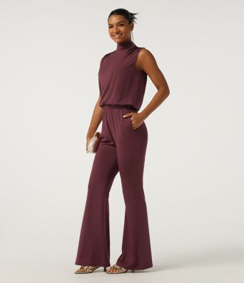 Mock Neck Sleeveless Flare Keyhole Back Party Jumpsuit with Pockets - Easy Peezy Edition Mock Neck Sleeveless Flare Keyhole Back Party Jumpsuit with Pockets - Easy Peezy Edition