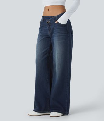 Halara Flex™ Asymmetric Low Rise Zipper Pockets Baggy Wide Leg Washed Casual Jeans