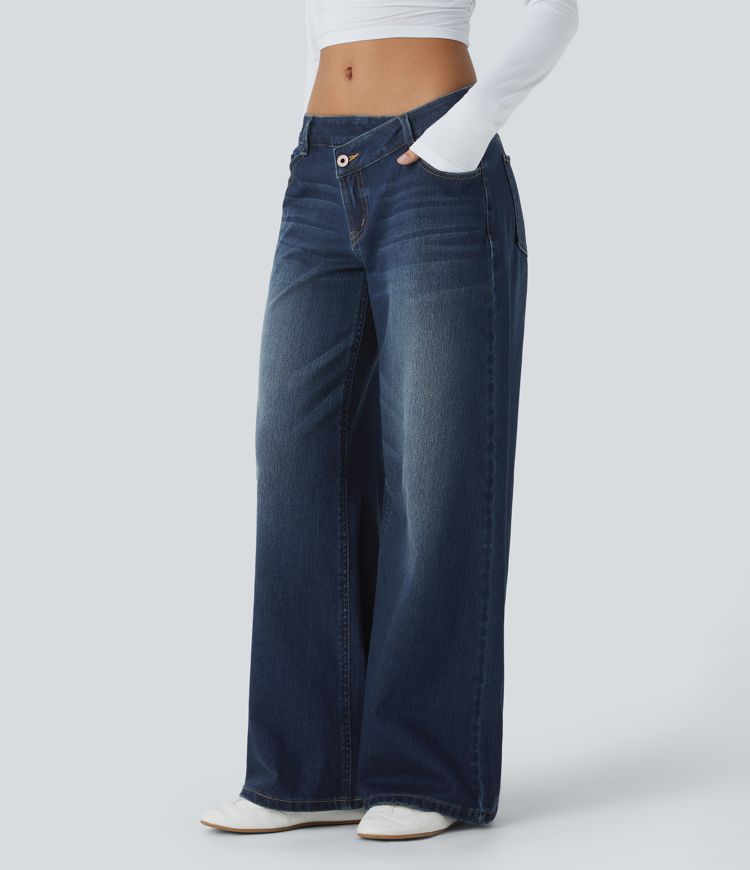 Halara Flex™ Asymmetric Low Rise Zipper Pockets Baggy Wide Leg Washed Casual Jeans