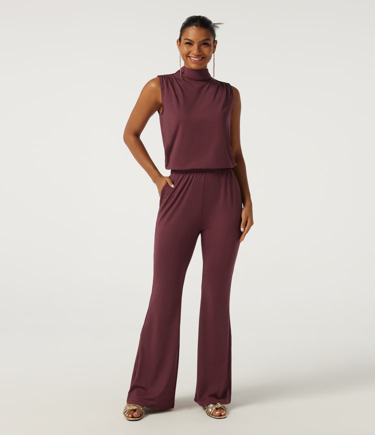 Mock Neck Sleeveless Flare Keyhole Back Party Jumpsuit with Pockets - Easy Peezy Edition