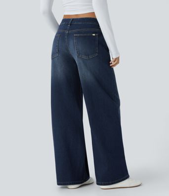Halara Flex™ Asymmetric Low Rise Zipper Pockets Baggy Wide Leg Washed Casual Jeans