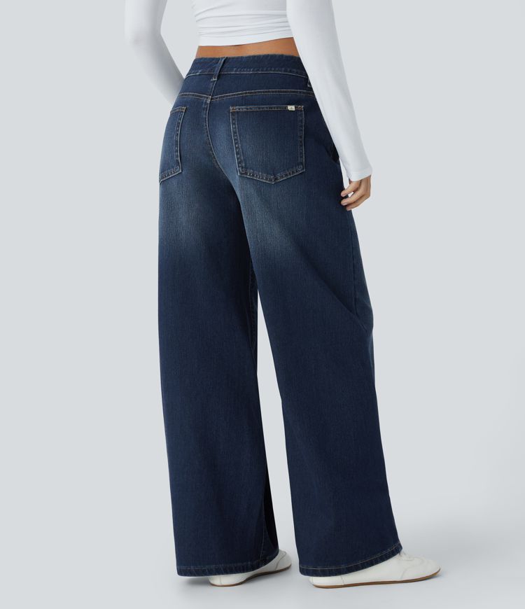 Halara Flex™ Asymmetric Low Rise Zipper Pockets Baggy Wide Leg Washed Casual Jeans