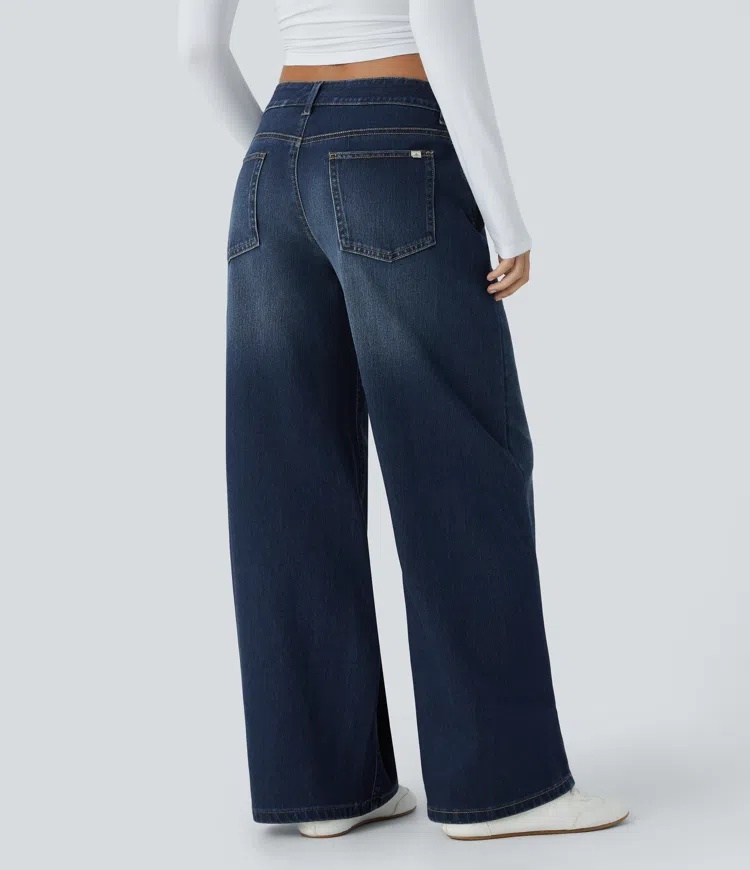 Paint Blue Denim Halara Flex™ Asymmetric Low Rise Zipper Pockets Baggy Wide Leg Washed Casual Jeans / 2